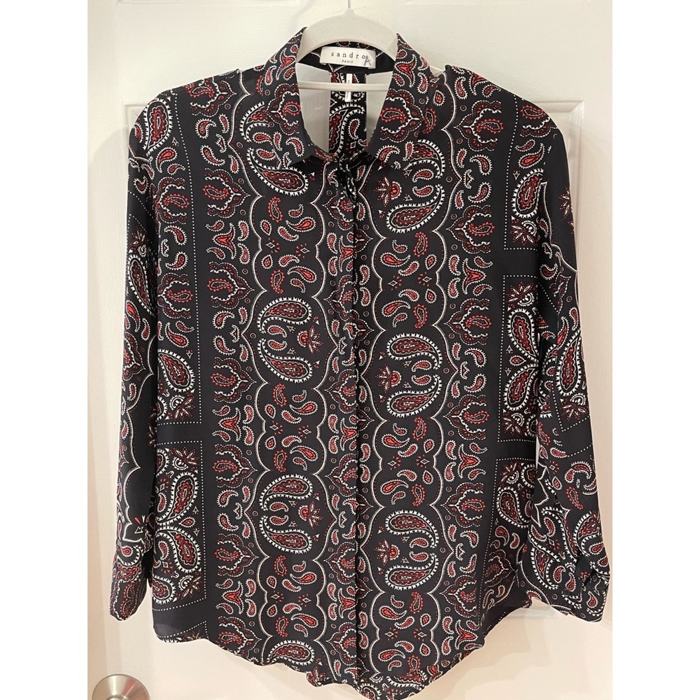 Sandro Paris 100% Silk Black Red Paisley Button-up Top. Size 1 US size 2/4 Small
